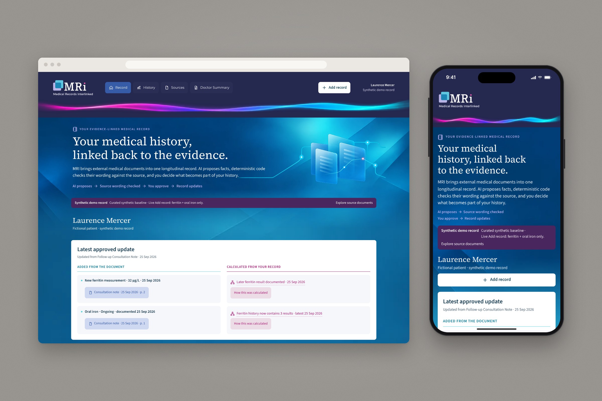 MRI Record screen: your medical history, linked back to the evidence