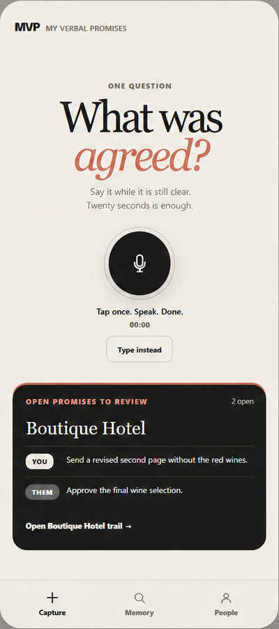 MVP My Verbal Promises product design