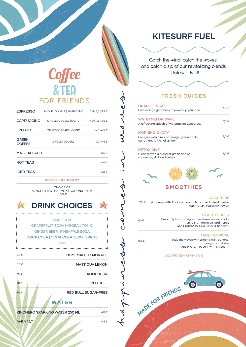 Coffee and tea page with a juice section called Kitesurf Fuel