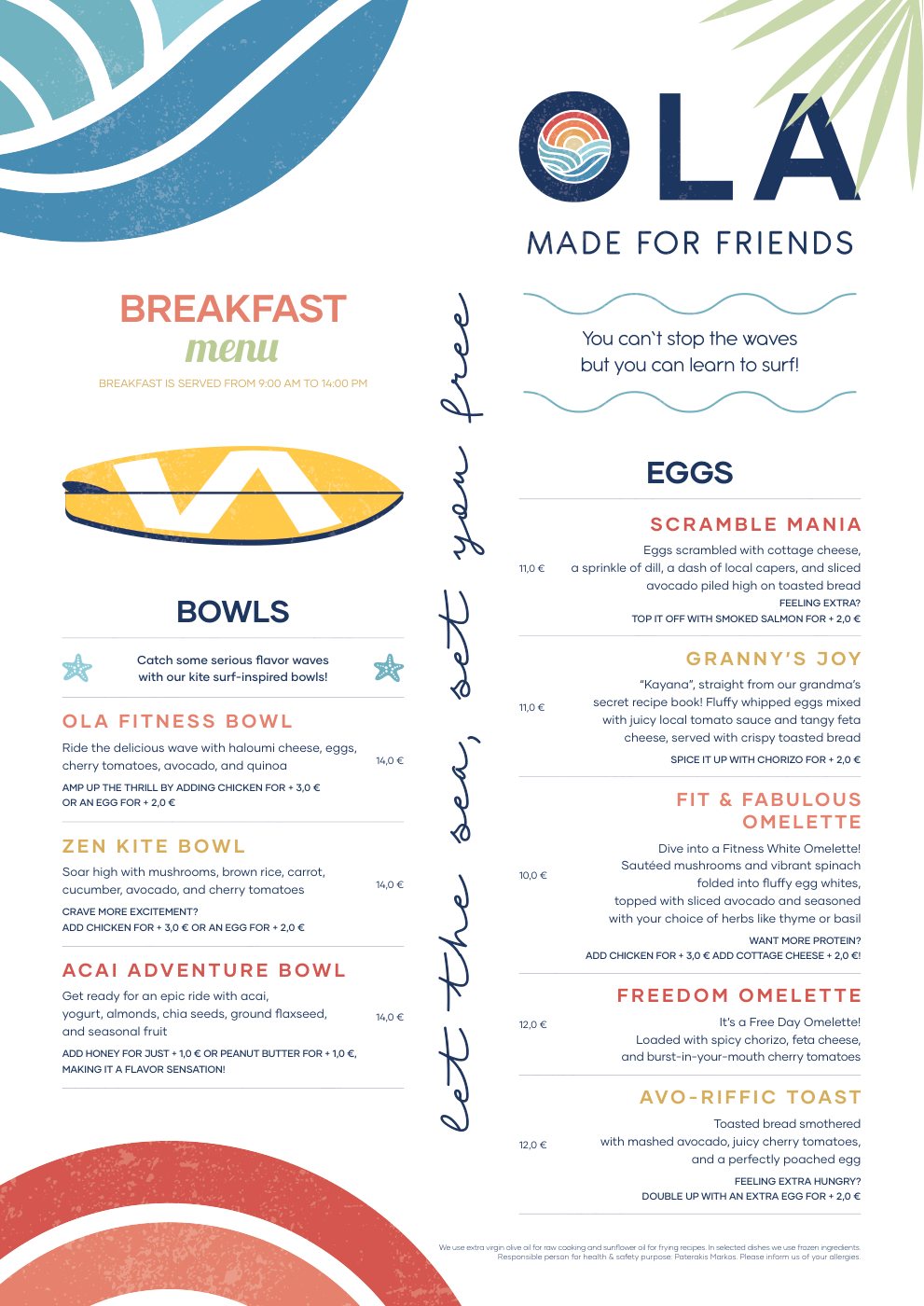 Breakfast page with bowls, eggs and the Ola logo