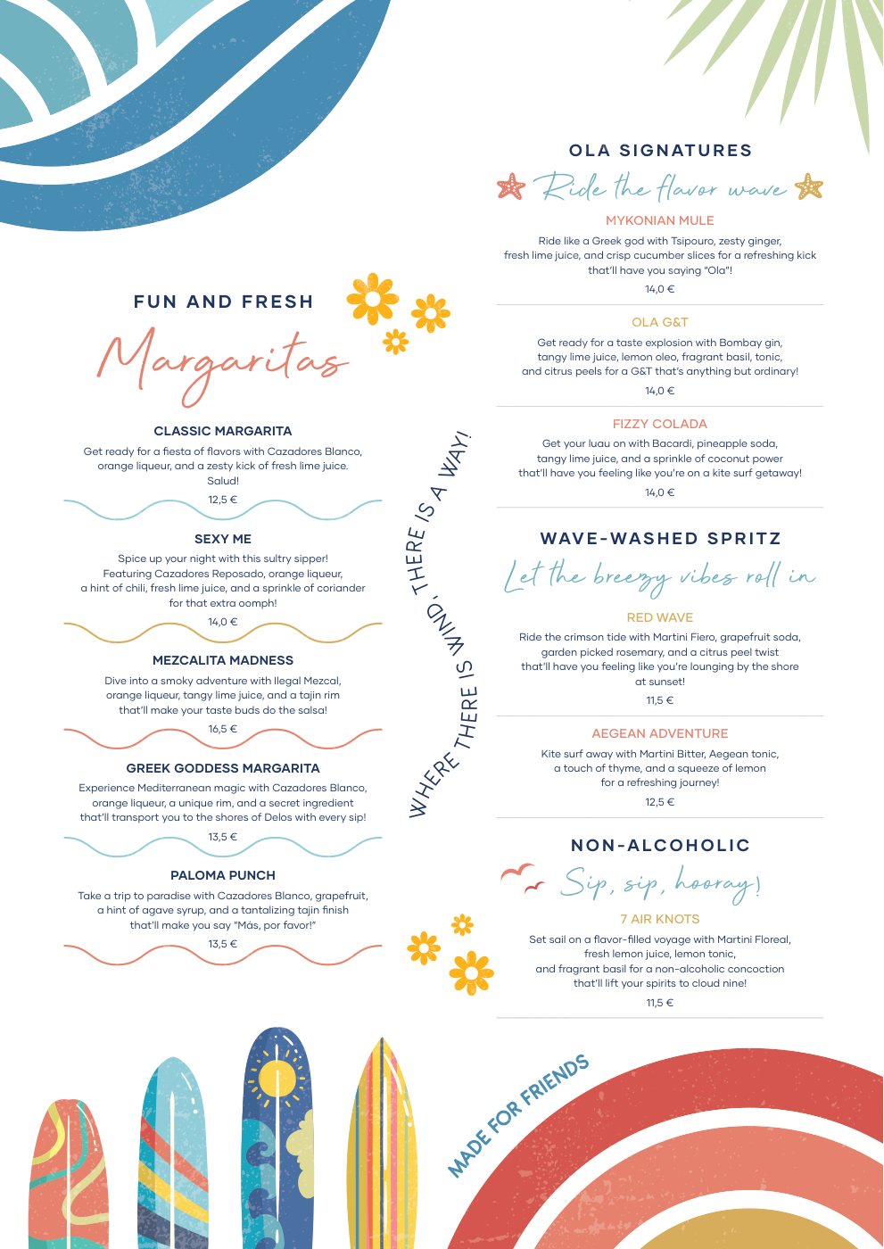Cocktails page with margaritas, Ola signatures and a row of surfboards