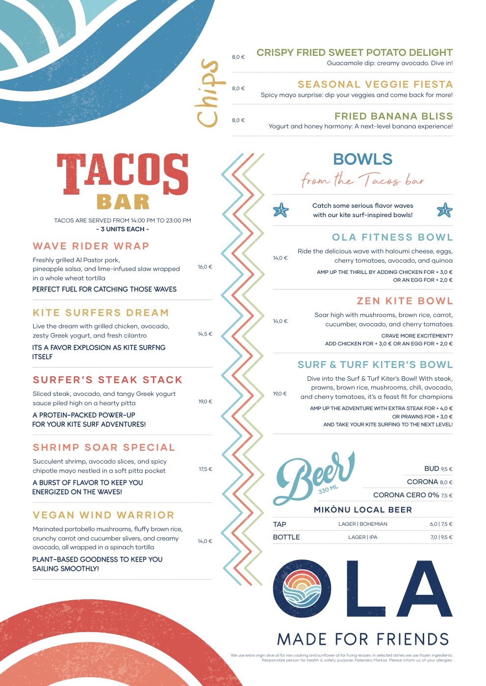 Tacos bar page with bowls, beer and the Ola logo
