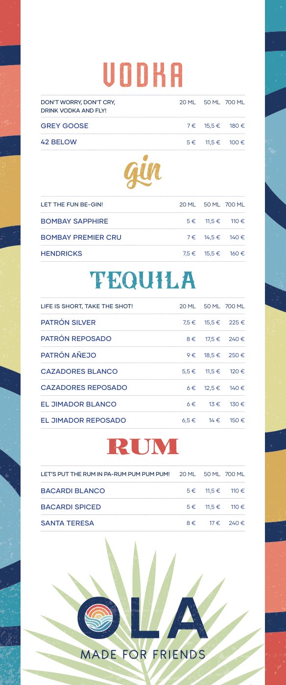 Narrow spirits list with vodka, gin, tequila and rum