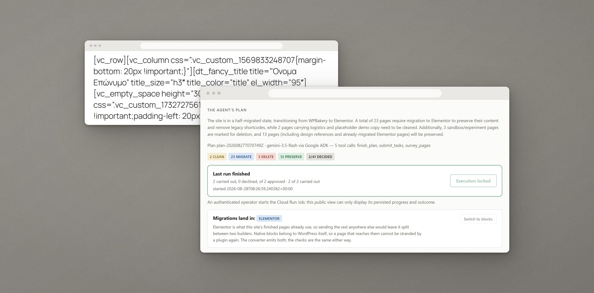 The Taskmaster control plane in front of a WordPress page whose old WPBakery markup shows as raw shortcodes